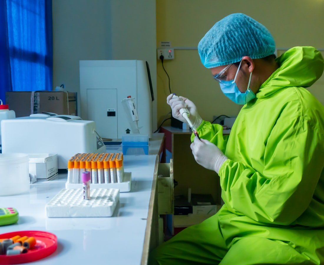 Researchers reviewing biotechnology data